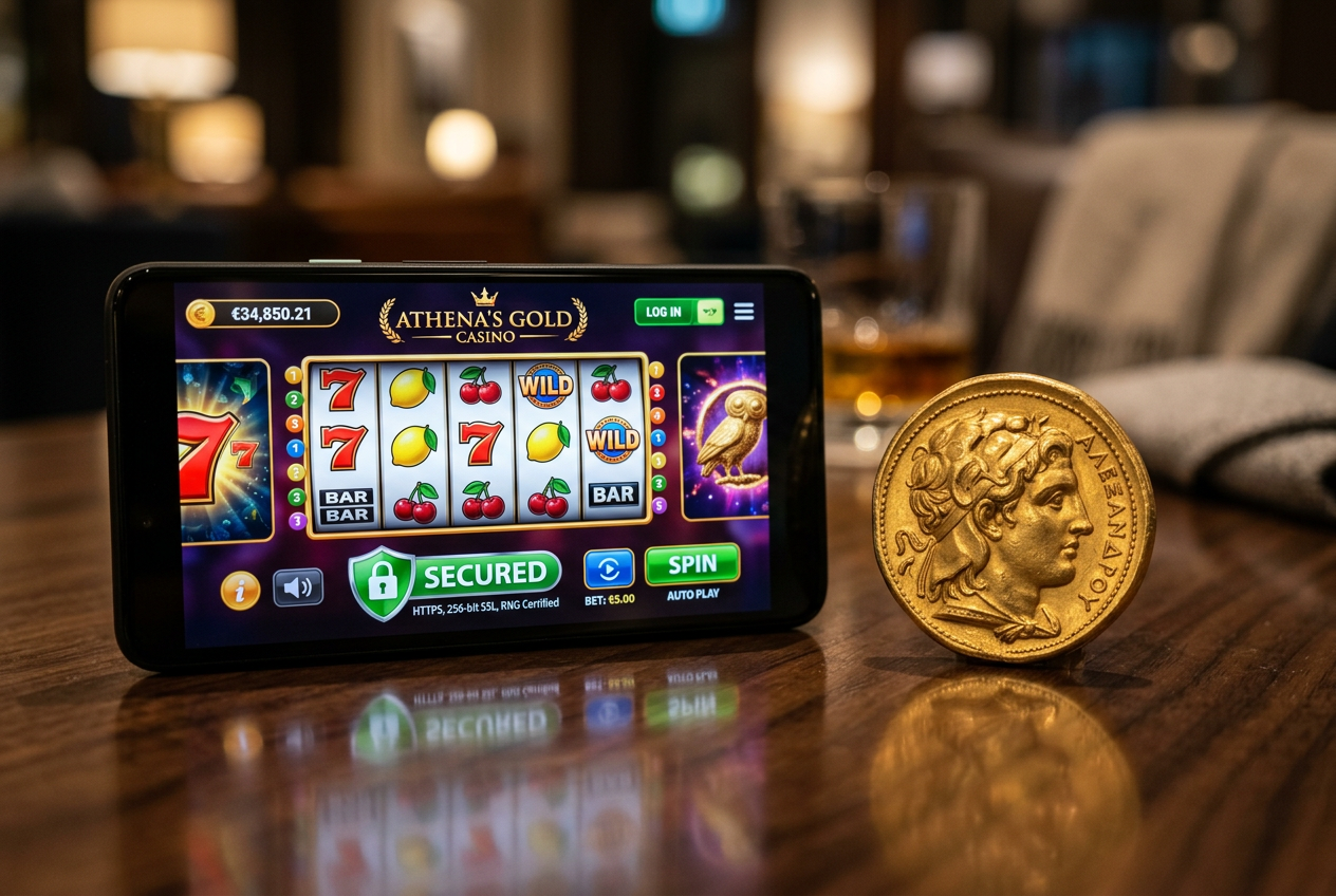 A secure online casino interface on a smartphone with a gold Greek coin.