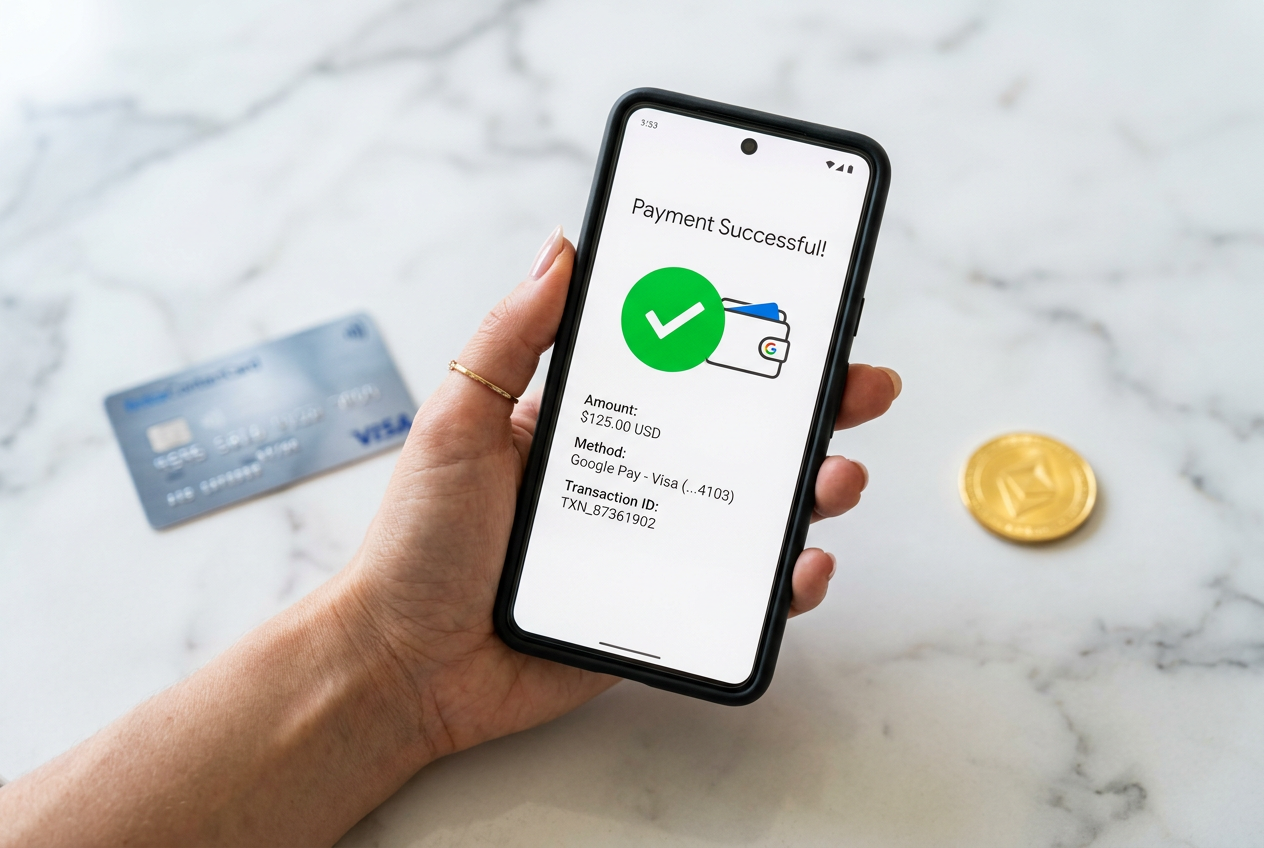 Close-up of a smartphone showing a secure payment confirmation for a casino.