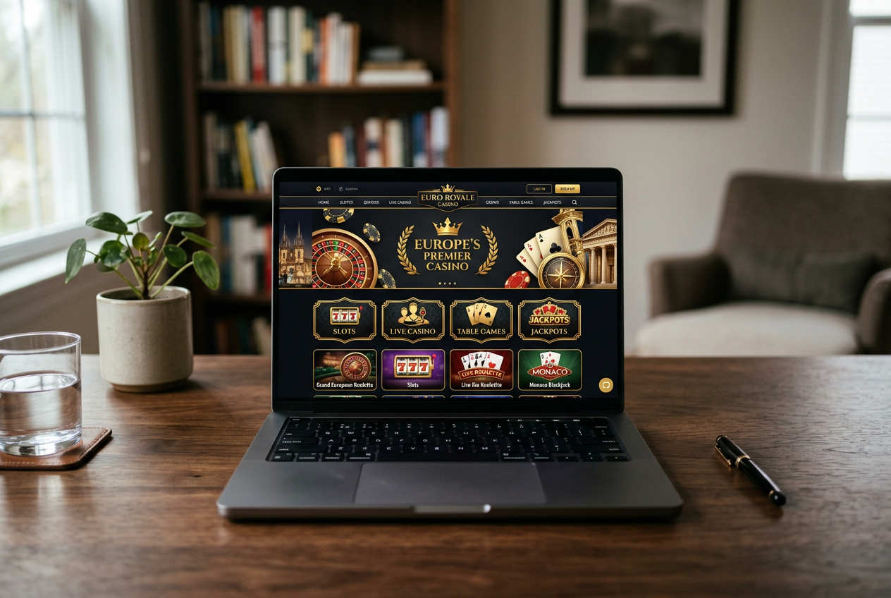 Modern laptop displaying a European online casino interface.